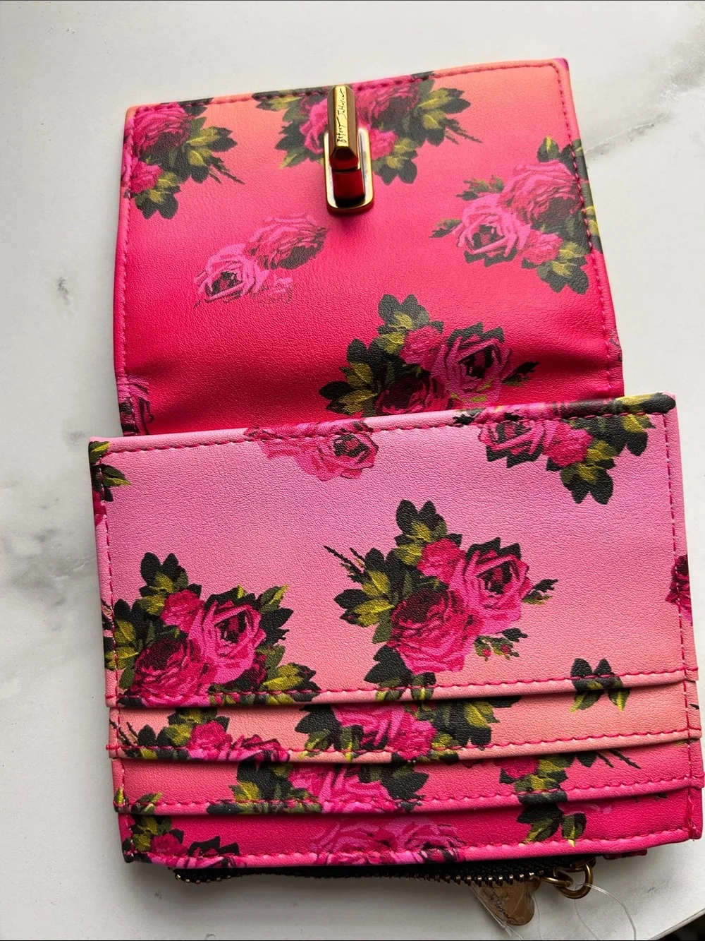 Betsey Johnson Hot Pink Floral & Leopard Trim Card Wallet with Turn-Lock